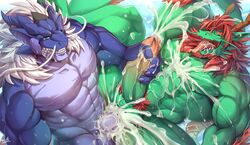 2boys abs anal anal_sex anthro antlers ass big_muscles blue_scales cum cum_in_ass cum_inside cum_on_chest cum_on_face cum_splatter cum_while_penetrated cumshot dragon duo ear_piercing ejaculation facial_hair fangs fur gay green_scales grin hair handjob horn inside lying male male_only male_penetrating messy missionary_position muscular ninggeez nipples nite_(danandnite) nude on_back open_mouth orgasm pecs penetration piercing pubic_hair rabbity red_hair scales scalie sex smile spread_legs spreading teeth testicles tongue tongue_out veins veiny_penis white_fur white_hair