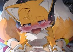 blush censor_bar censored cream_the_rabbit cub cum_inside dagasi fox_tail grabbing looking_at_viewer on_top open_mouth pov rabbit shoes sonic_(series) tails tails_the_fox vaginal_penetration wet young