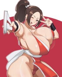 1girls big_breasts bouncing_breasts breasts brown_eyes brown_hair cleavage fatal_fury female female_only folding_fan hair hips huge_breasts king_of_fighters mai_shiranui motion_blur muundae one_eye_closed peace_sign pelvic_curtain ponytail revealing_clothes sideboob skimpy skimpy_clothes smile solo solo_female thick_thighs thighs wide_hips wink winking