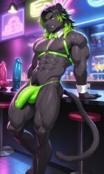 ai_assisted ai_generated animal_dildo annoyed bar barefoot big_penis black_body black_fur black_hair black_panther bow_tie bulge collared_shirt dildo felid green_eyes green_hair green_harness green_thong green_underwear harness high_quality highlighted_hair leather_harness male mammal muscular muscular_male original_character pantherine penis_outline pixai shirt_cuffs strip_club tail thong underwear