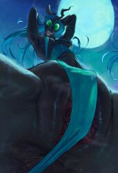 1_horn 2025 anthro anus black_body black_skin blue_clothing blue_hair bodily_fluids breasts clothed clothing crown digital_media_(artwork) equid equine eyelashes female friendship_is_magic genitals green_eyes hair hands_behind_head hasbro headgear hi_res horn long_hair low-angle_view mammal medium_breasts my_little_pony mythological_creature mythological_equine mythology open_mouth portrait pussy queen_chrysalis_(mlp) skimpy smashmat solo spread_legs spreading sweat sweaty_armpit teeth tongue unicorn