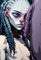 ai_generated alien alien_girl alien_humanoid aroused aroused_face aroused_female artstyle_imitation big_balls big_dick biting_lip blue_eyes braided_hair dal_r'el dick_on_face eager eager_blowjob grey_skin gwyndala horny horny_face horny_female hungry hungry_for_more kneeling kneeling_oral_position long_penis looking_at_penis pale_skin purple_penis skinny star_trek star_trek_prodigy vau_n'akat_(species) waiting