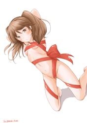 arms_up breasts brown_eyes brown_hair dated dutch_angle female full_body hazuki_futahi kantai_collection naked_ribbon navel pouty_lips ribbon ryuujou_(kantai_collection) small_breasts solo tied_hair twintails twitter_username