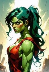 ai_generated female female girl green_eyes green_hair green_skin marvel marvel_comics muscles muscular pose rodeai she-hulk