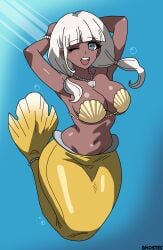 ;) ;p armpits arms_behind_head blue_background blue_eyes blush bra bracelet bracelets breasts bubble bubbles clothing collarbone danganronpa danganronpa_v3 dark-skinned_female dark_skin female female_only ghostec happy mermaid mermaid_girl mermaid_tail navel newgrounds_url open_mouth seashell seashell_bikini seashell_bra seashell_necklace signature simple_background smile solo teeth tongue twintails underwater white_hair wink winking_at_viewer yonaga_angie