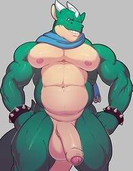 2017 anthro balls big_balls big_penis dragon drakoneth foreskin grin half-erect hi_res huge_balls huge_cock humanoid_penis knuxlight looking_at_viewer male male_only musclechub musclegut muscular nipples penis scarf simple_background slightly_chubby smile solo spikes uncut wide_hips