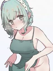 100_kanojo apron_only bags_under_eyes blush blush blush_lines blushing_at_viewer exhibitionism green_hair grey_eyes inverted_nipples kimi_no_koto_ga_dai_dai_dai_dai_daisuki_na_100-nin_no_kanojo looking_at_viewer naked_apron nemui_nemu nervous_sweat pizzayanopunch pulled_up_shirt sweat the_100_girlfriends_who_really_really_really_really_really_love_you