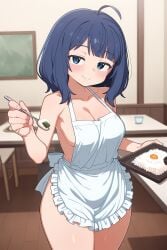 ai_generated apron apron_only bare_thighs big_breasts blue_eyes blue_hair hiragayu_ai huge_breasts huge_thighs large_breasts light-skinned_female light_skin looking_at_viewer make_heroine_ga_oo_sugiru! medium_hair smiling solo_female squatting sweat sweatdrop thick_body thick_female thick_thighs thighs voluptuous voluptuous_female yanami_anna