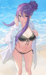 1female 1girls aris4rt bikini bikini_bottom bikini_top breasts cleavage doki_doki_literature_club female hair_bun hairbun long_hair purple_eyes purple_hair swimwear yuri_(doki_doki_literature_club)