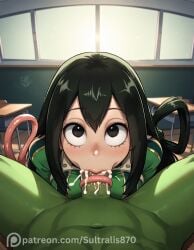 1girls ai_generated asui_tsuyu big_breasts blowjob boku_no_hero_academia breasts cock cock_worship female frog froppy girl green_hair green_outfit hero_outfit_(mha) hi_res high_resolution highres my_hero_academia sucking sucking_penis sultralis tongue tongue_out tsuyu_asui very_high_resolution