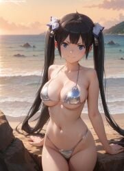 1girls 2d ai_generated areolae armpit bare_arms bare_legs bare_shoulders beach belly big_breasts bikini bikini_bottom bikini_top black_hair blue_eyes bob_cut breasts_bigger_than_head cameltoe chest curvy curvy_figure cute cute_face detailed dungeon_ni_deai_wo_motomeru_no_wa_machigatteiru_darou_ka eyelashes eyeshadow female female_only fit fit_female focus grey_hair hair hestia_(danmachi) high_quality huge_breasts large_breasts legs light-skinned_female light_skin lips lipstick long_hair looking_at_viewer makeup mascara micro_bikini nero100 outdoors pale-skinned_female pale_skin petite petite_body posing seductive seductive_look stable_diffusion surprised tagme teenager thighs thin_waist twintails young