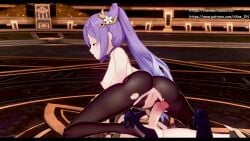 1boy aether_(genshin_impact) aline_en ass ass_focus audiodude blonde_hair bouncing_breasts breasts cowgirl_position ejaculation ejaculation_while_penetrated female genshin_impact hair_ornament heels keqing_(genshin_impact) penetration penis pixiewillow purple_hair red_eyes tagme thighs video