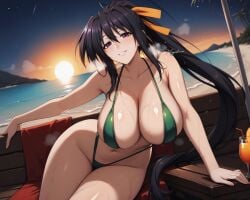 ai_generated akeno_himejima anime beach big_breasts hd high_school_dxd juice long_hair ponytail slingshot_swimsuit smiling_at_viewer sunset water wet_body wet_skin