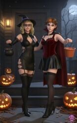2girls 3d ai ai_art ai_assisted ai_generated clothed cosplay female female_only halloween harry_potter harry_potter:_hogwarts_mystery looking_at_viewer merula_snyde night orginal_character original outdoors pumpkins safe_for_work standing trick_or_treat vicky_raven