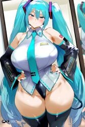 ai_generated bbcwai blue_hair hands_on_hips hatsune_miku hourglass_figure huge_breasts mirror no_pants pose solo solo_female solo_focus thick_thighs twintails