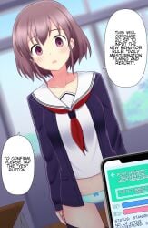 1girls bottomless brown_hair empty_eyes english_text female hypnosis_app mind_control open_mouth original panties phone school_uniform seiro_a text underwear