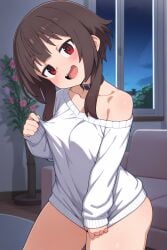 ai_generated bare_thighs black_hair camisole curvaceous curvy_female hiragayu_ai huge_thighs kono_subarashii_sekai_ni_shukufuku_wo! light-skinned_female light_skin looking_at_viewer megumin red_eyes short_hair small_breasts smiling solo_female squatting sweat sweatdrop thick_thighs thighs