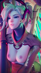 1girls 3d alternate_costume amber_eyes areolae blender blizzard_entertainment blonde_hair blue_eyes breasts breasts_out chinese_text daintydjinn eyeshadow female female_only fortune_mercy light_skin lijiang_tower_(map) lunar_new_year lunar_new_year_series mercy naughty_face nipples overwatch seductive_eyes slim solo tied_hair year_of_the_rooster