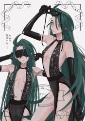 black_dress blindfold green_hair masquerade_mask mtkpasta open_dress pokemon rika_(pokemon) small_breasts thin