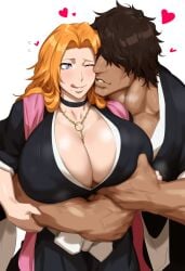 affectionate bleach bleach:_the_thousand-year_blood_war blue_eyes dark-skinned_male gold_jewelry in_heat interracial latino latino_male latino_male_asian_female matsumoto_rangiku mexican mexican_male orange_hair pink_scarf yasutora_sado