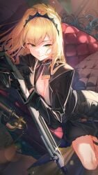 7gao audrey_(strinova) black_clothing black_coat black_skirt blonde_hair cleavage couch female furniture futuristic_gun glistening green_eyes gun highres holding_gun holding_weapon leaning long_hair looking_at_viewer lustful_gaze old_phone on_couch sitting smile strinova tiara weapon wild_hair