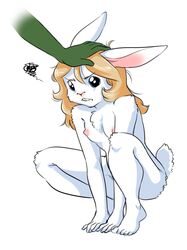 angry anthro blonde_hair blue_eyes buckteeth bun_(artist) bun_(character) bunnyblueart female female_focus fur hair lagomorph mammal nipples nude pet rabbit simple_background teeth white_fur