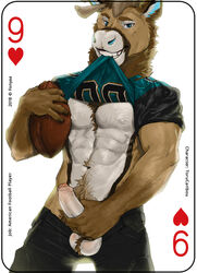 2018 abs american_football anthro antlers ball balls card cervine clothed clothing digital_media_(artwork) english_text erection fonyaa football_(ball) foreskin fur holding_object horn humanoid_penis looking_at_viewer male male_only mammal muscular muscular_male pecs penis playing_card reindeer shirt simple_background smile solo sport standing teeth text