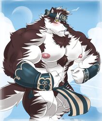 2017 anthro biceps big_muscles canine demondragoncyan housamo humanoid_penis kamui male male_only mammal muscular muscular_male nipples pecs penis simple_background solo tokyo_afterschool_summoners