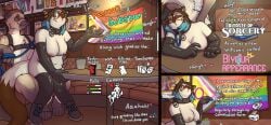 anthro clothing collar domestic_cat duo felid feline felis female furniture hermia_idril hi_res info latex latex_clothing leash leash_pull leashed_collar male mammal multi_nipple nipples patreon pride_color_flag public public_sex sex siamese subscribestar table the_gentle_giant