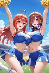 ai_generated blue_eyes cheerleader cheerleader_uniform go-toubun_no_hanayome midriff nakano_itsuki nakano_miku red_hair sisters smile