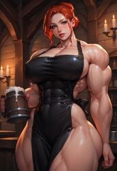 abs ai_generated apron apron_only beer beer_mug big_ass big_breasts blue_eyes cleon_magic karina_angsvelt mug muscles muscular_arms muscular_female muscular_thighs narrow_waist original_character pussy tavern tavern_keeper thick_thighs