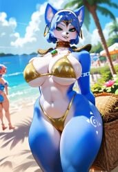 1girls 2d ai_generated animal_ears anthro beach big_breasts bikini blue_eyes blue_fur blue_hair canine female female_focus female_only fox_ears fox_girl fur furry furry_female krystal krystal_(star_fox) nintendo outdoors solo solo_female solo_focus star_fox tagme