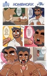 2boys age_difference all_draw all_drawparty bara blowjob cumshot cumshot_in_chest gay gay_blowjob gay_domination gay_male gay_oral gay_sex highres mature_male muscular_male older_male pecjob public_sex sex_in_school younger_dom_older_sub younger_male