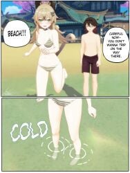 1boy 1girls bare_legs beach bikini cat_ears cat_girl cat_tail cold comic comic_panel dark_hair english_text female gaming_(genshin_impact) genshin_impact green_eyes hairclip kirara_(genshin_impact) light-skinned_female light-skinned_male light_skin male seaside shirtless shirtless_male speech_bubble straight swimwear water wholesome