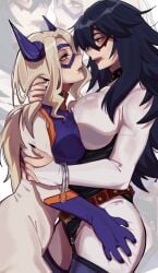 2girls ass_grab big_ass big_breasts black_hair black_hair_female blonde_female blonde_hair breasts breasts_press breasts_pressed_together clothed clothed_female curvaceous curvy curvy_figure female/female fingernails gazing gloves hand_on_butt heroine lesbian lesbians looking_at_another looking_at_each_other mask midnight_(my_hero_academia) mount_lady my_hero_academia nasya__ns nemuri_kayama squeezing_butt superheroine thick_thighs thighs voluptuous voluptuous_female yuri yuu_takeyama