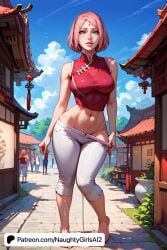 ai_generated bare_shoulders barefoot blue_sky boruto:_naruto_next_generations breasts clothes_pull cloud cloudy_sky day facial_mark female forehead_mark full_body green_eyes large_breasts lips looking_at_viewer mature_female medium_breasts midriff milf naruto naruto:_the_last naruto_(series) naruto_shippuden naughtygirlsai navel outdoors pants pants_pull parted_lips pink_hair plant sakura_haruno sakura_haruno short_hair skinny sky solo standing white_pants