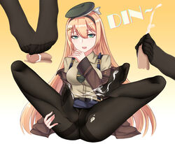 absurdres blonde_hair cum cum_on_feet cum_on_lower_body ejaculation feet female femdom footjob footjob_with_legwear girls'_frontline green_eyes hairband hairclip hat long_hair looking_at_viewer m1_garand_(girls'_frontline) no_shoes pantyhose parted_lips precum small_penis soles toes