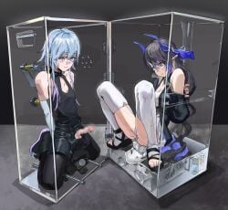 a_tea arknights black_hair blue_eyes blue_hair bondage censored cock fucking_machine highmore_(arknights) looking_at_another looking_at_viewer mizuki_(arknights) pink_eyes spread_legs tagme thighhighs thighs tied_arms tied_up