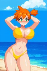 1girls ai_generated alternate_breast_size animated armpit armpits arms_up bangs beach bikini blue_sky blush bouncing_breasts breasts cleavage cloud collarbone cowboy_shot curvy dancing day embarrassed female green_eyes hair_tie hands_behind_head hands_behind_own_head highleg highleg_bikini kasumi_(pokemon) large_breasts navel notveryflat ocean orange_hair outdoors outside pokemon sand shiny_skin short_hair side_ponytail sky solo standing swaying_hips swimsuit tagme thick_thighs thighs video water wide_hips yellow_bikini