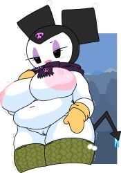 big_breasts breasts cassettedream cold colored_skin dream-cassette hoshime huge_breasts huge_tits icicles kuromi mitten_hands mountain mountains pussy sanrio scarf shivering tail white_body yellow_mittens