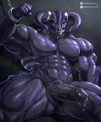 animal_humanoid anthro bodily_fluids bound chained chains dragon dragon_horn dragon_humanoid dragon_tail erection facial_piercing furry furry_only genital_fluids genitals horn humanoid johnthelewd_art leaking_penis leaking_precum looking_at_viewer male muscular muscular_anthro muscular_arms muscular_male muscular_thighs mythological_creature mythological_scalie mythology nose_piercing nude nude_male pecs penis piercing precum purple_body purple_eyes purple_skin reptile reptile_humanoid scalie scalie_humanoid sharp_teeth smile smiling_at_viewer solo solo_focus teeth