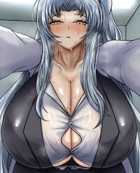 angela_(lobotomy_corporation) big_breasts big_cleavage blue_hair blush huge_breasts huge_cleavage lobotomy_corporation looking_at_viewer lv_lunatic massive_breasts project_moon ready_to_pop sweat sweatdrop sweaty_breasts tagme wet_clothes yellow_eyes