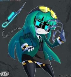 claws clothing digital_media_(artwork) disassembly_drone fan_character fanart fangs female female_only goggles green_eyes green_hair humanoid jacket jackintaro long_hair looking_at_viewer murder_drones oc robot robot_girl shark_teeth simple_background skirt smug smug_face stockings tail venus_(blazedscarf) wide_hips