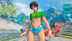 3d adnarimydeth bare_midriff capcom cosplay crop_top female female_focus female_only g-string laura_matsuda_(cosplay) navel sakura_kasugano short_shorts street_fighter street_fighter_v tagme