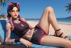 1girls ai_generated beach beach_chair beach_jules black_nails epic_games fortnite full_body_tattoo hi_res jules_(fortnite) leg_up lying lying_on_side nose_ring ocean sandals stable_diffusion tagme tanned tattoo twin_braids two_tone_hair uncensored