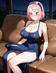 1girls ai_generated big_breasts blush couch dress embarrassed flaccid futanari green_eyes huge_cock naruto naruto_shippuden nipples_visible_through_clothing penis_under_clothes pink_hair sakura_haruno short_hair sitting small_waist solo thick_thighs tight_clothing zynai