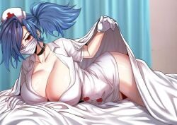 artist_request big_breasts blanket mask nurse on_bed skullgirls valentine_(skullgirls)