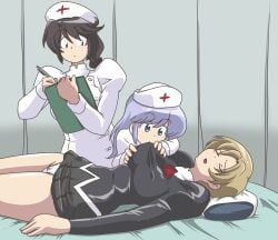 3girls agent_aika black_delmo delmo female_only fondling_breast henchwoman knocked_out kuroyoshi multiple_girls nurse_cap sleep_molestation sucking_nipples unconscious villainess yuri