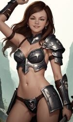 ai_generated armor brown cleavage earrings eyes female green hair looking_at_viewer medium_breasts navel smile sword victoria_burnwood weapon