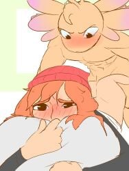 1boy1girl 2d 2d_(artwork) axol_(smg4) axolotl blush doggy_style hugging_pillow human_meggy meggy_spletzer orange_hair potato_dealer red_beanie smg4